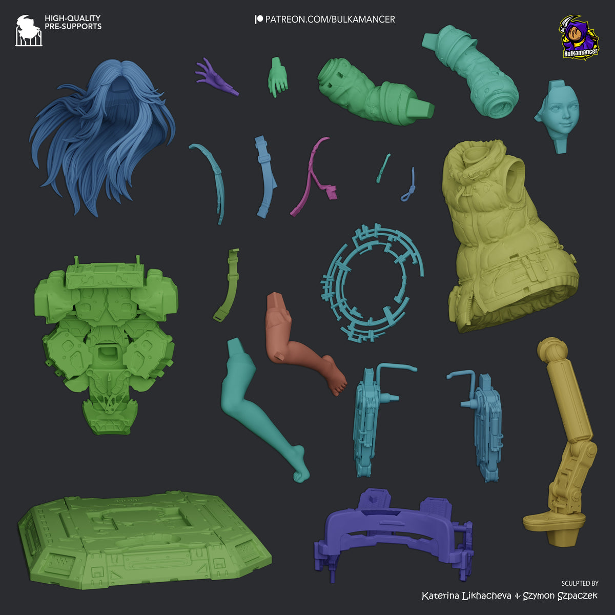 Diana from Pragmata resin figure parts laid out: blue hair, cyan/green/yellow body pieces, limbs, armor, weapons, and accessories unpainted on dark background.