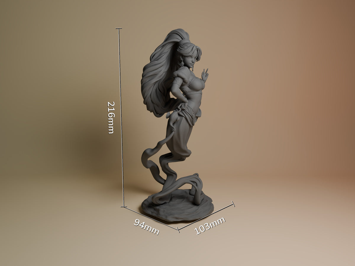 Gray resin figure of Djinn from Original Art shown at scale with dimensions 216mm height, 94mm width, 103mm depth, displaying dynamic pose holding child.