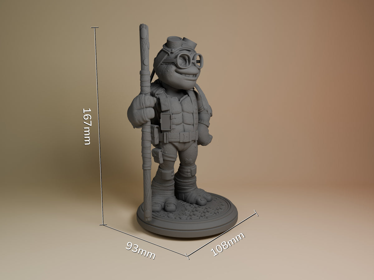 ByteStaff from Shellguard resin figure shown at 167x93x108mm scale, unpainted gray, standing with staff and tactical gear on textured base.