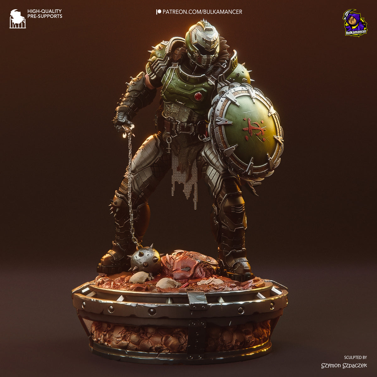 Doom Slayer from Doom: Dark Ages stands front-facing in painted armor on a sculpted battle base, resin figure.
