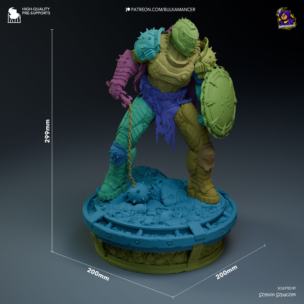 Doom Slayer from Doom: Dark Ages resin figure shown unpainted at 299mm tall on a sculpted base.
