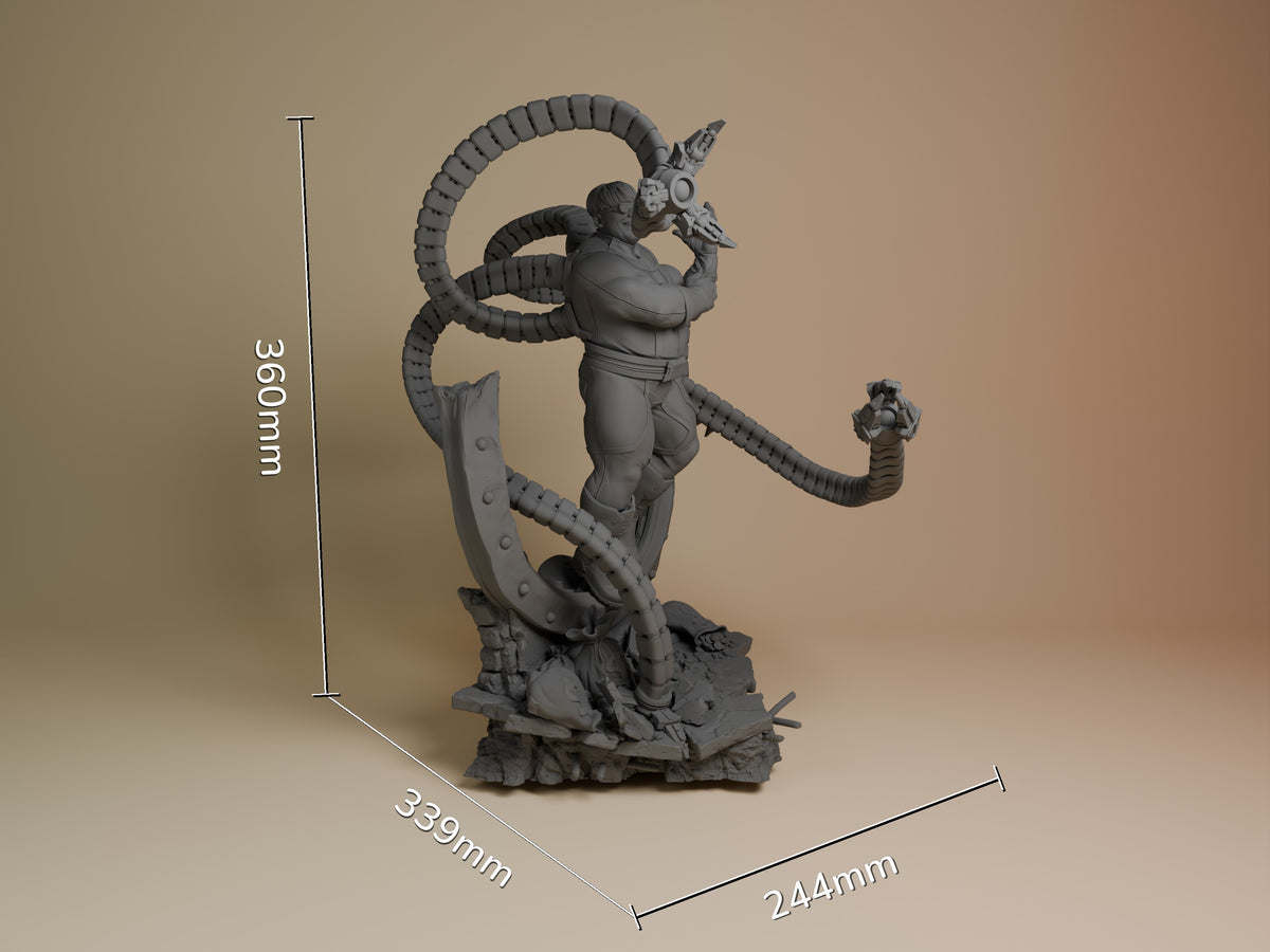 Steel Tentacle Menace resin figure shown at scale with dimensions, unpainted gray finish, dynamic pose with tentacles raised, rocky base included.