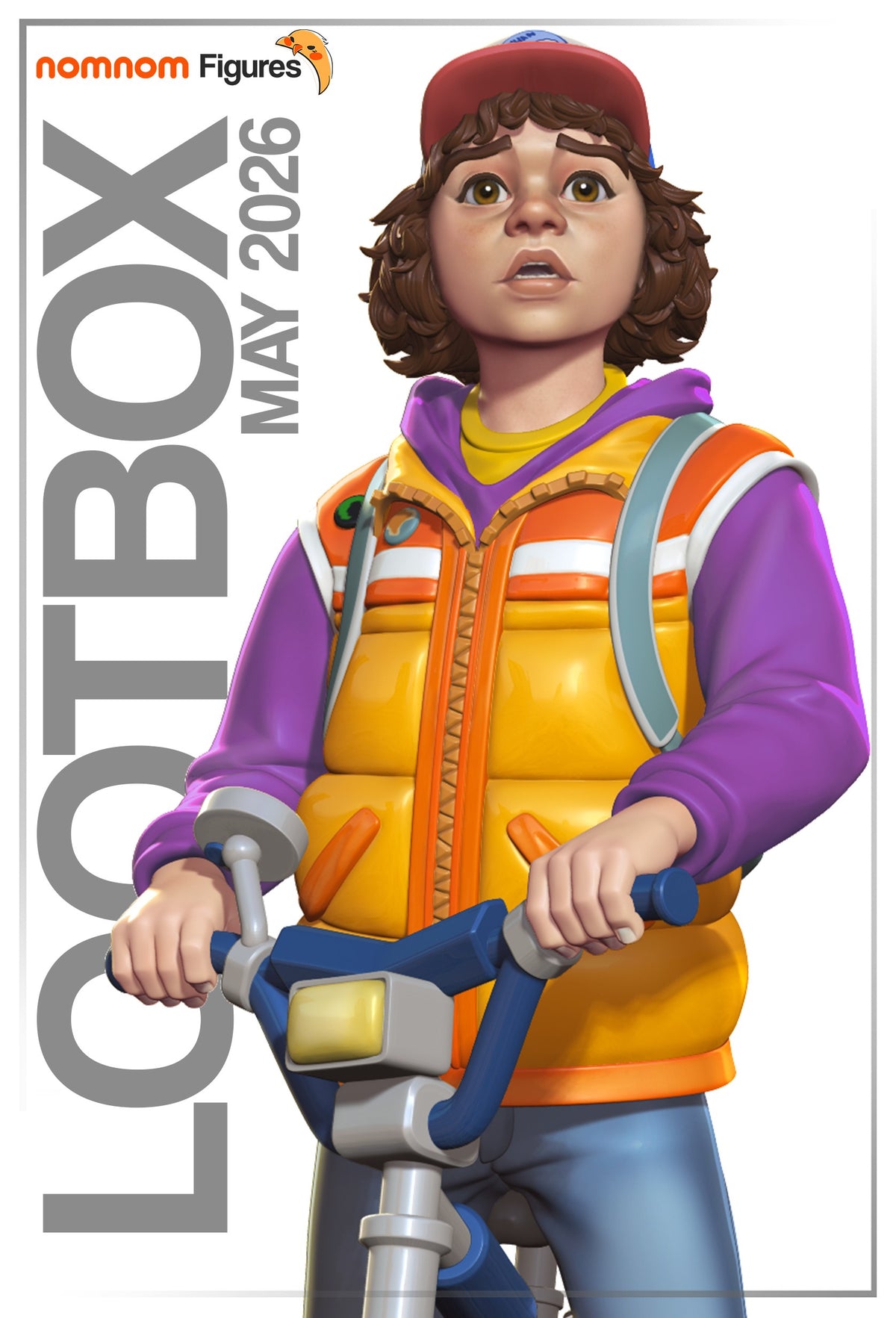 Front-facing painted resin figure of Dustin from Stranger Things grips a scooter.