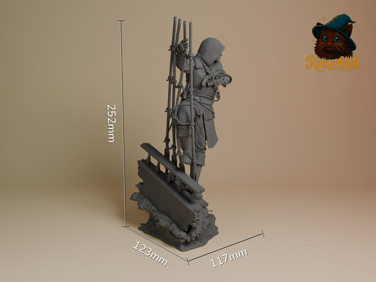 Edward Kenway from Assassin's Creed is an unpainted resin figure shown at an angle on a shipwreck base with rigging.