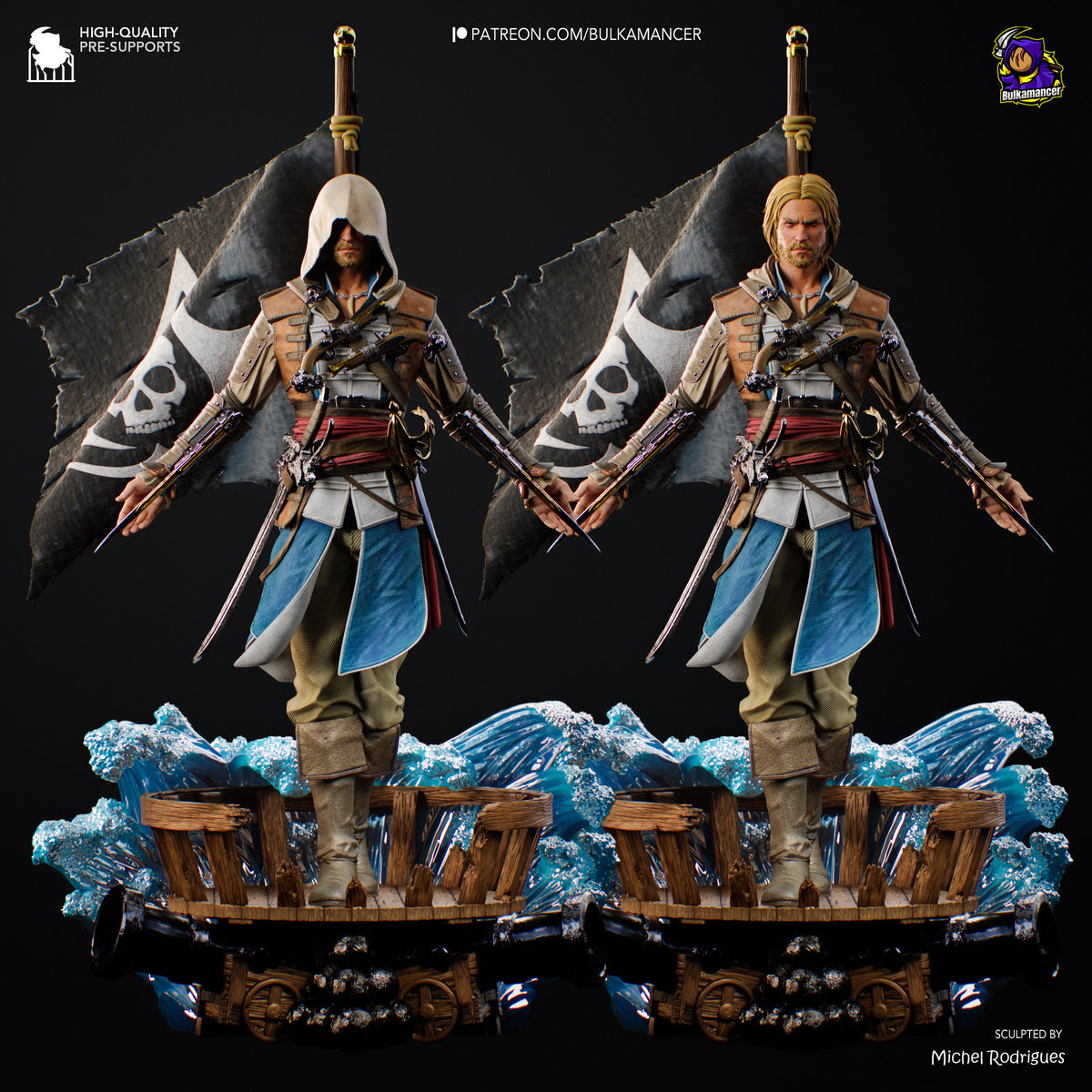 Edward Kenway resin figure in painted and unpainted variants, posed with dual cutlasses on ocean-themed base with pirate flag.