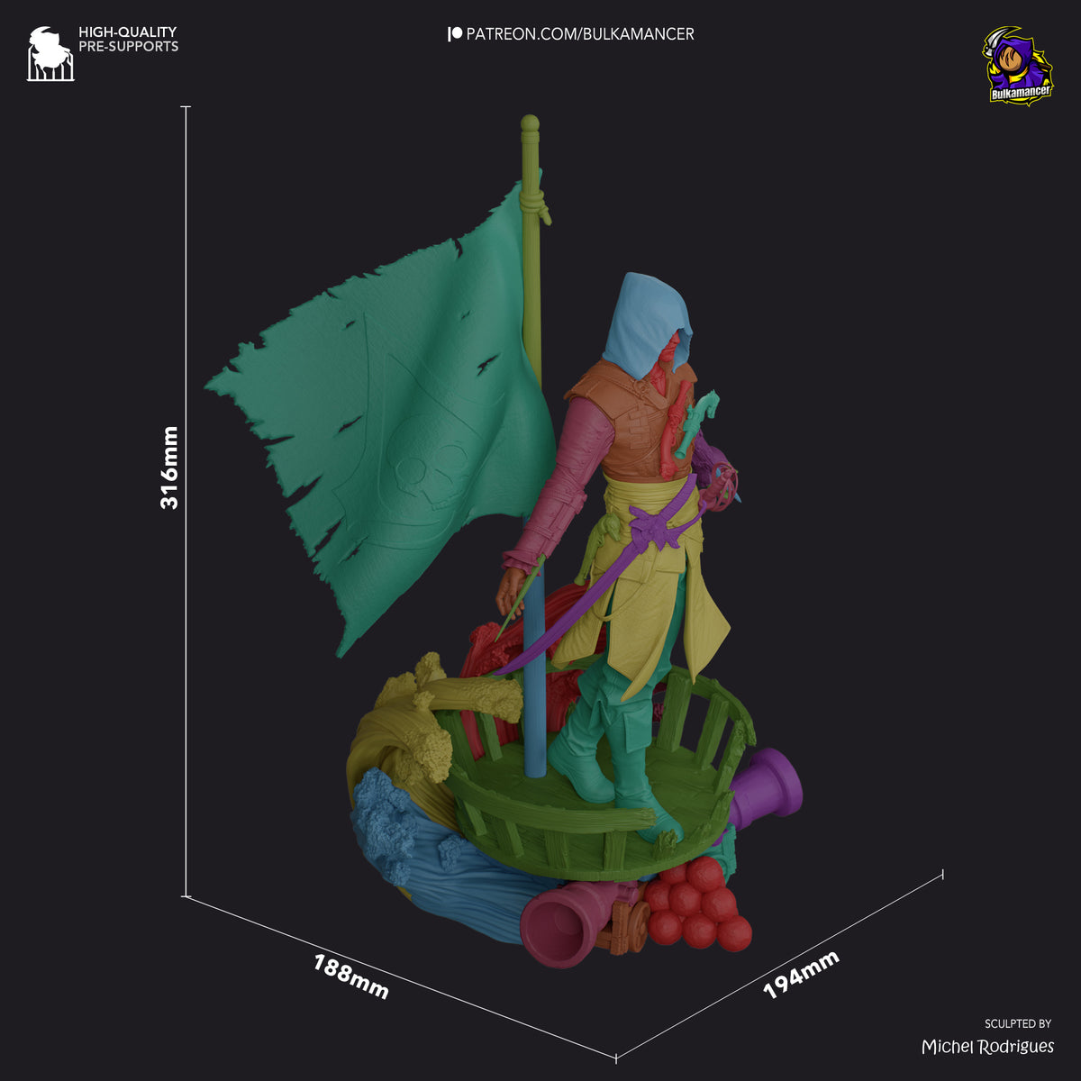 Edward Kenway resin figure from Assassin's Creed with painted base, shown at 316mm height from three-quarter angle, sculpted by Michel Rodrigues.