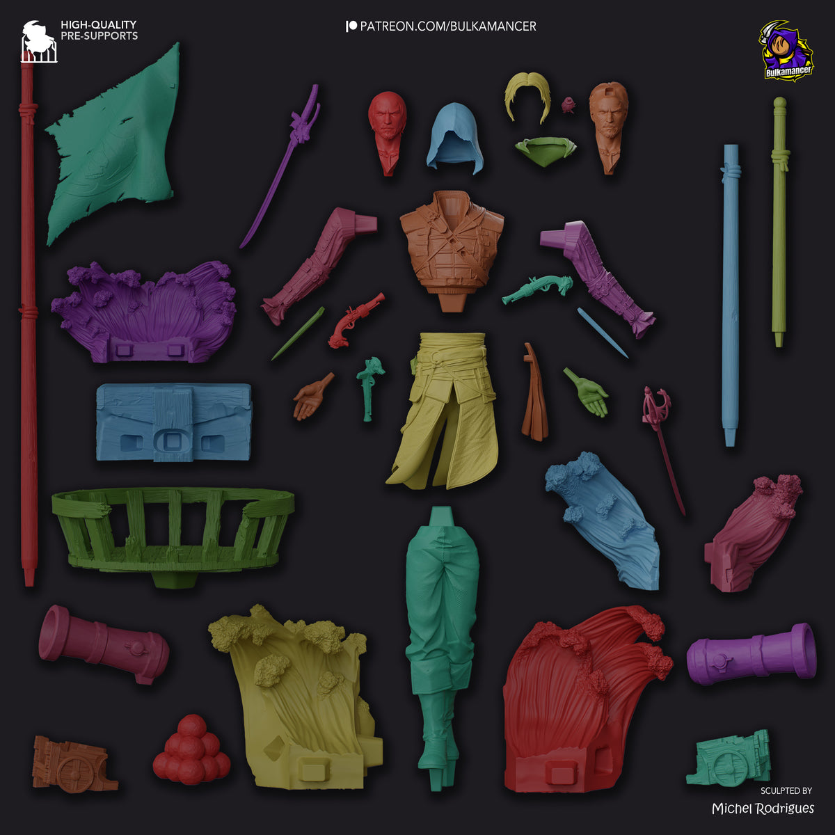 Disassembled Edward Kenway resin figure parts in multiple colors: heads, torso, limbs, weapons, accessories and architectural elements laid flat on dark background.
