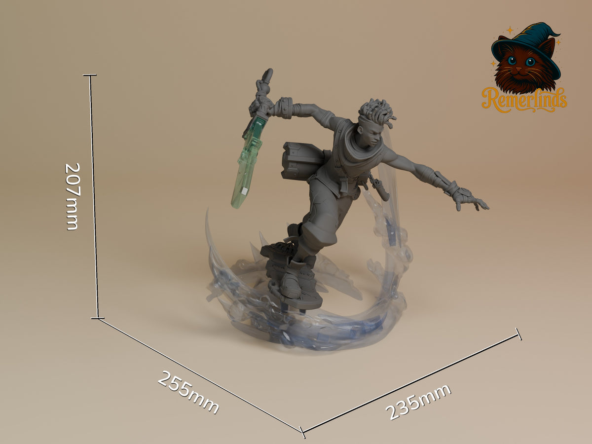 Ekko from League of Legends resin figure lunging with a raised blade on a sculpted base, 207mm tall.
