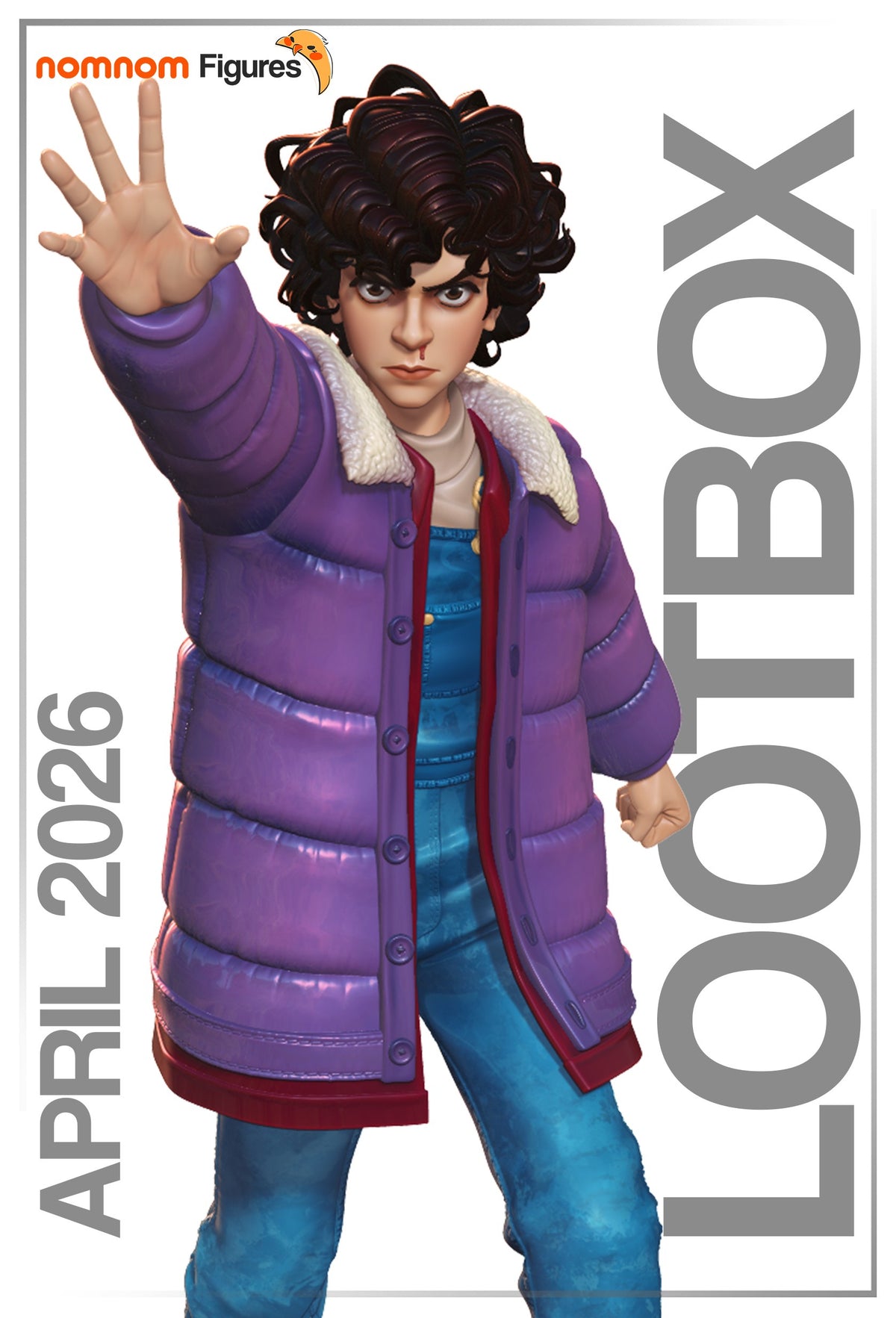 Painted resin figure of Eleven from Stranger Things faces forward, raising one hand.