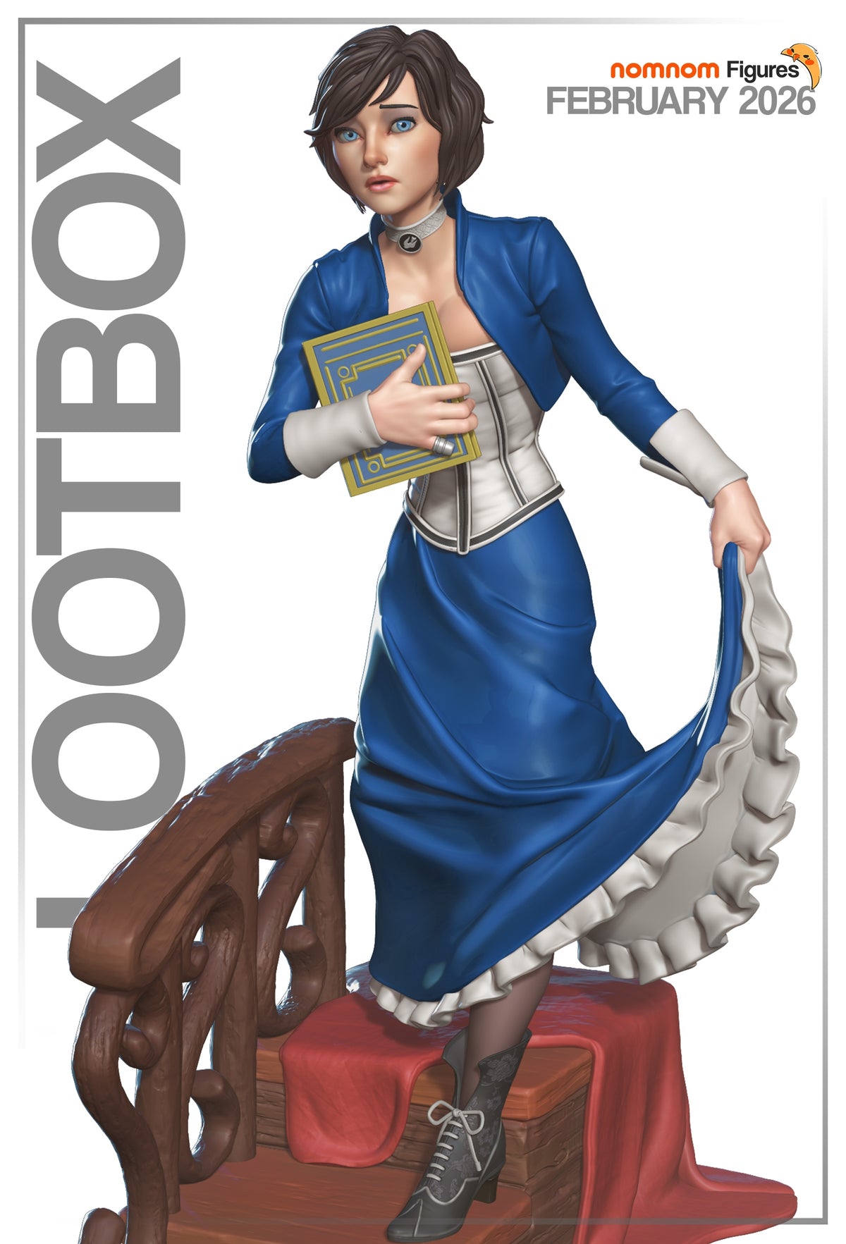 Painted Elizabeth from Bioshock resin figure faces forward, holding a book on a sculpted base.
