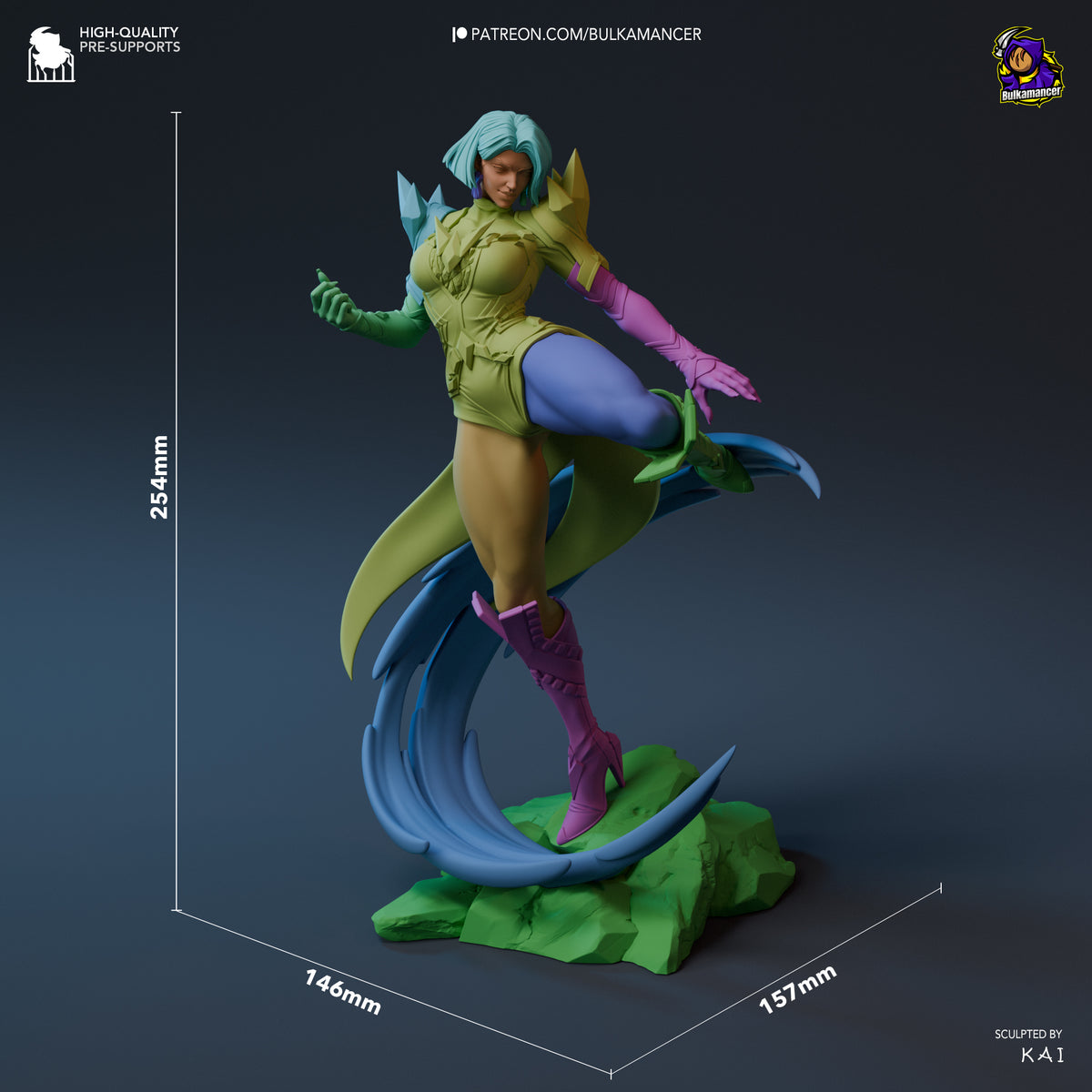 Arctic Telepath resin figure shown at 254mm height from side angle, dynamic pose on green base with blue tail element, fully painted in yellow, blue, and purple.