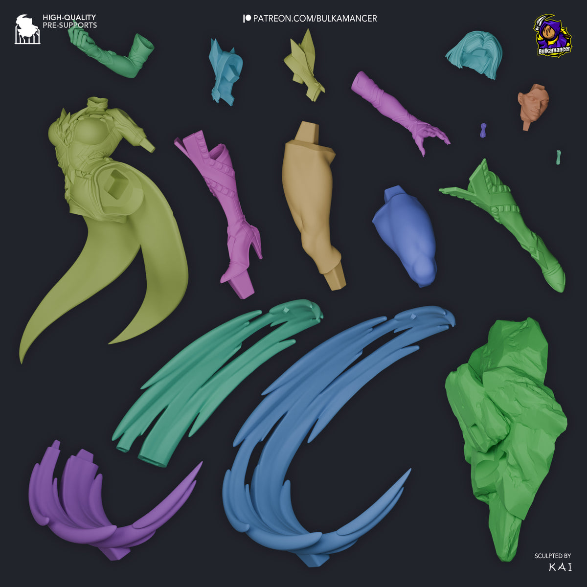 Arctic Telepath resin figure parts layout showing lime, pink, blue, and green components including body, limbs, tentacles, and accessories unpainted on dark background.