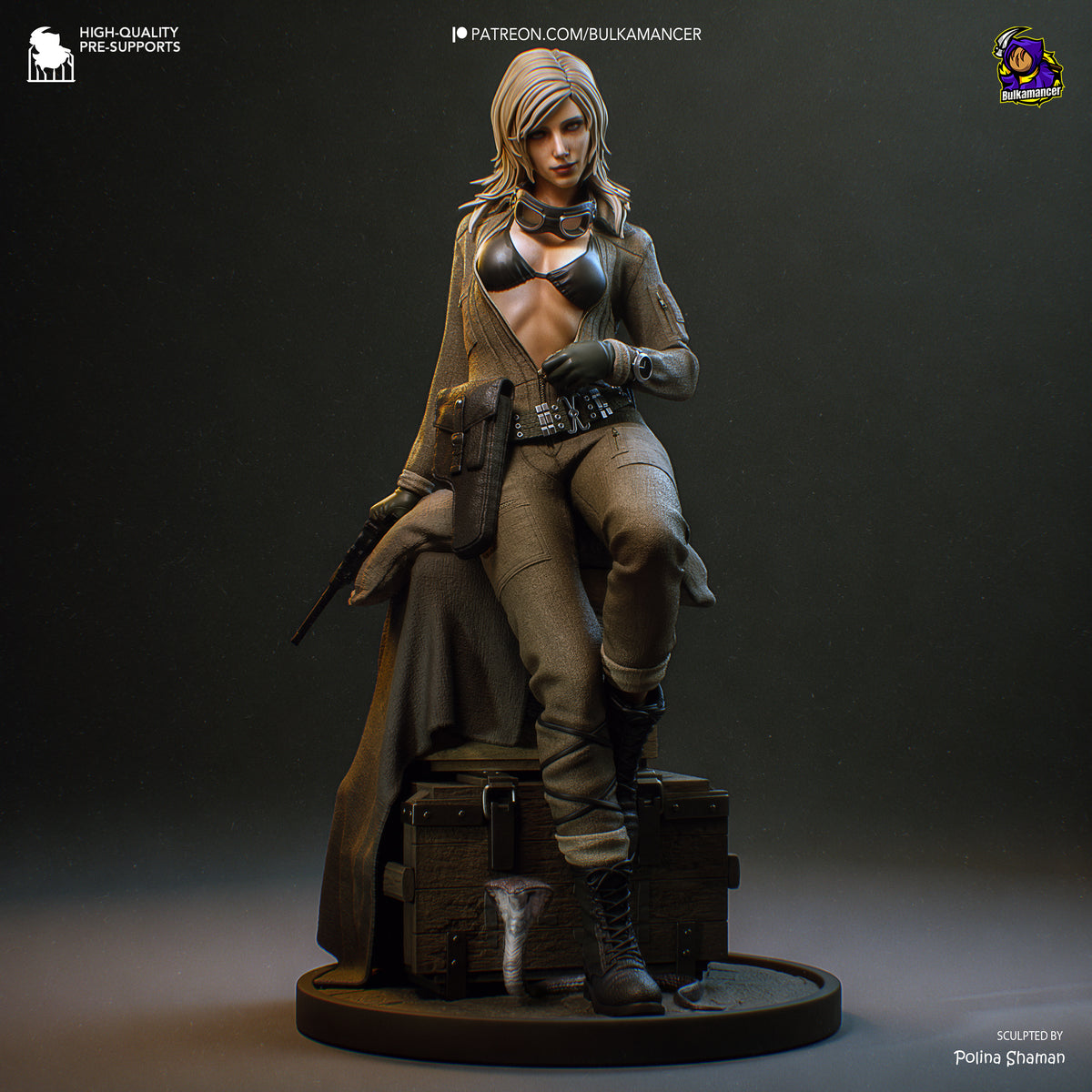 EVA resin figure from Metal Gear Solid, standing on wooden base, detailed paintwork, holding rifle, long coat draped behind, front-facing pose against dark background.
