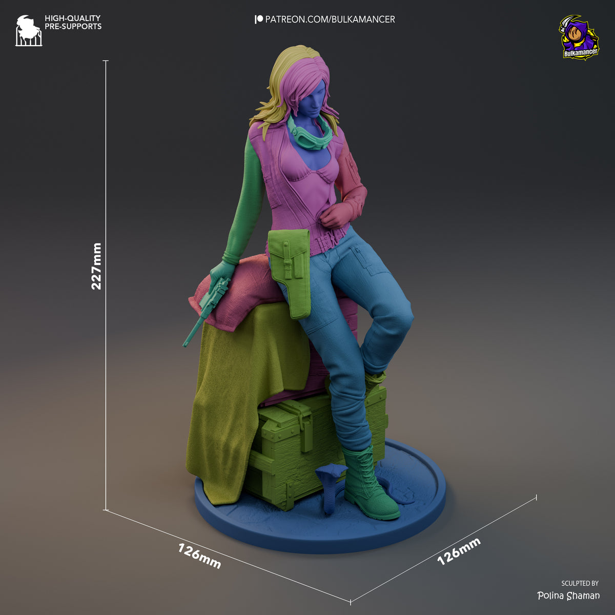 EVA from Metal Gear resin figure shown at 227mm height, posed sitting on green crate with weapon, fully painted with blue base, front three-quarter view.