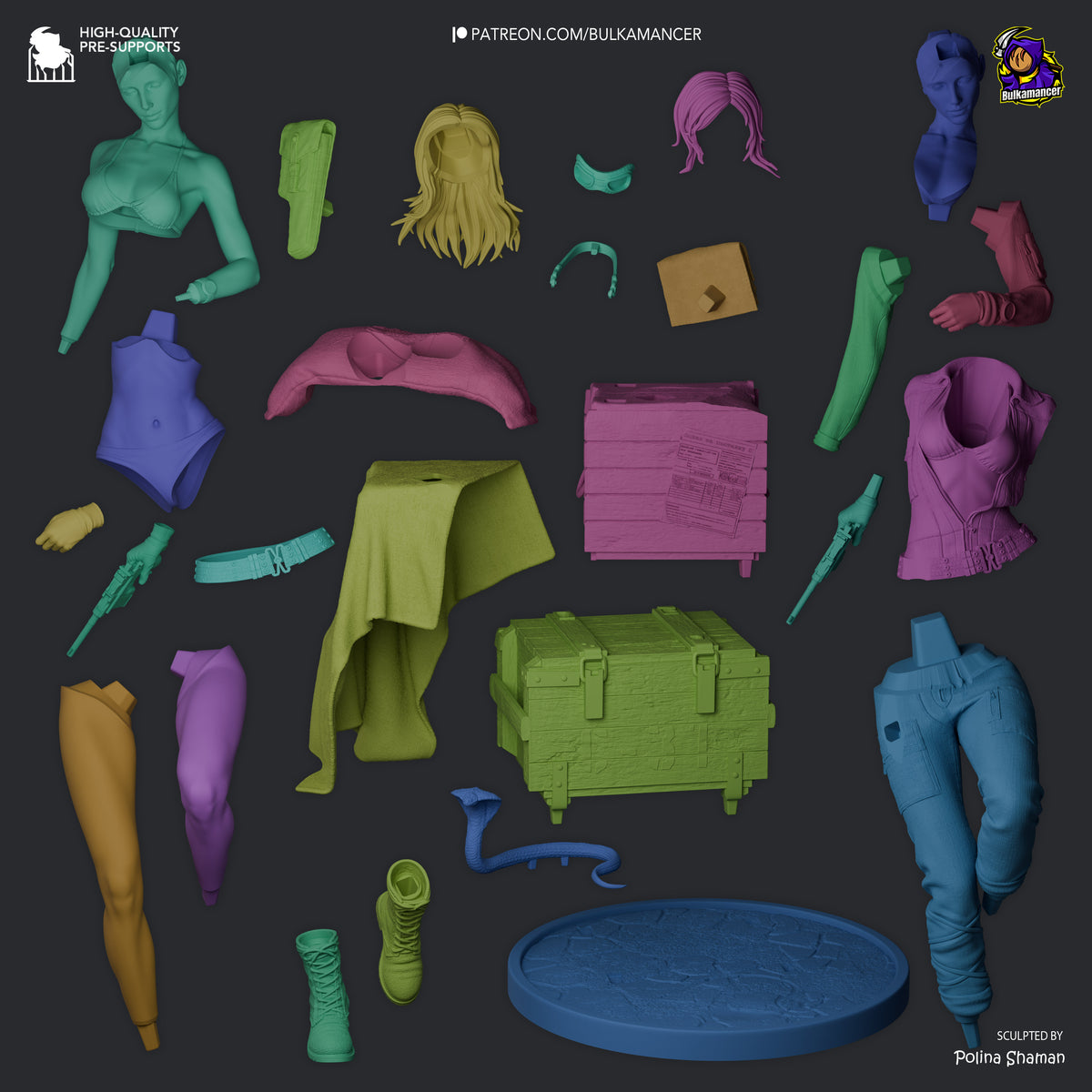 EVA from Metal Gear resin figure parts laid out, including torso, limbs, clothing, accessories, hair, and base in various colors.