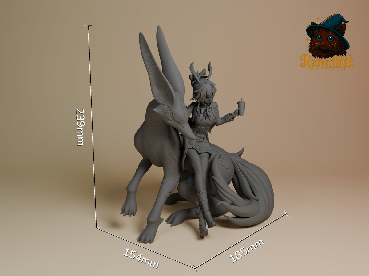 Evanescia from Honkai Star Rail is an unpainted resin figure seated on a sculpted beast base, shown at an angle.