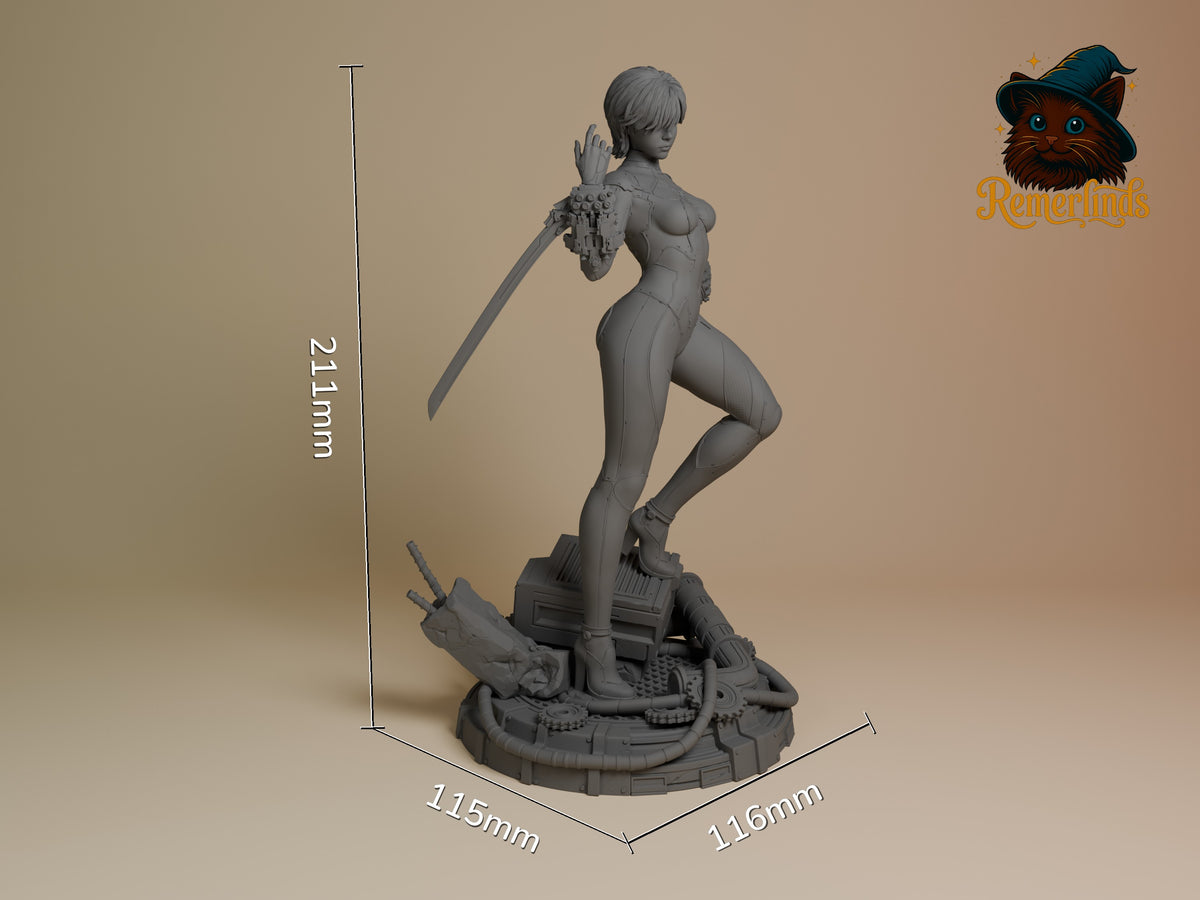 Unpainted Evie from Stellar Blade resin figure in a rear three-quarter pose on a sculpted base, 211mm tall.