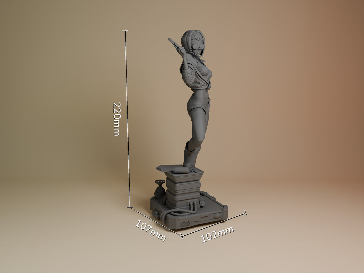 Faye Valentine resin figure from Cowboy Bebop shown at 220mm height with 107x102mm base, unpainted gray resin, posed with rifle over shoulder.