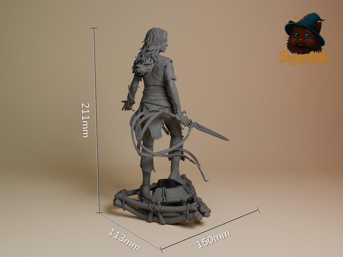 Faye from God of War is an unpainted resin figure viewed from behind, standing on a sculpted raft base.