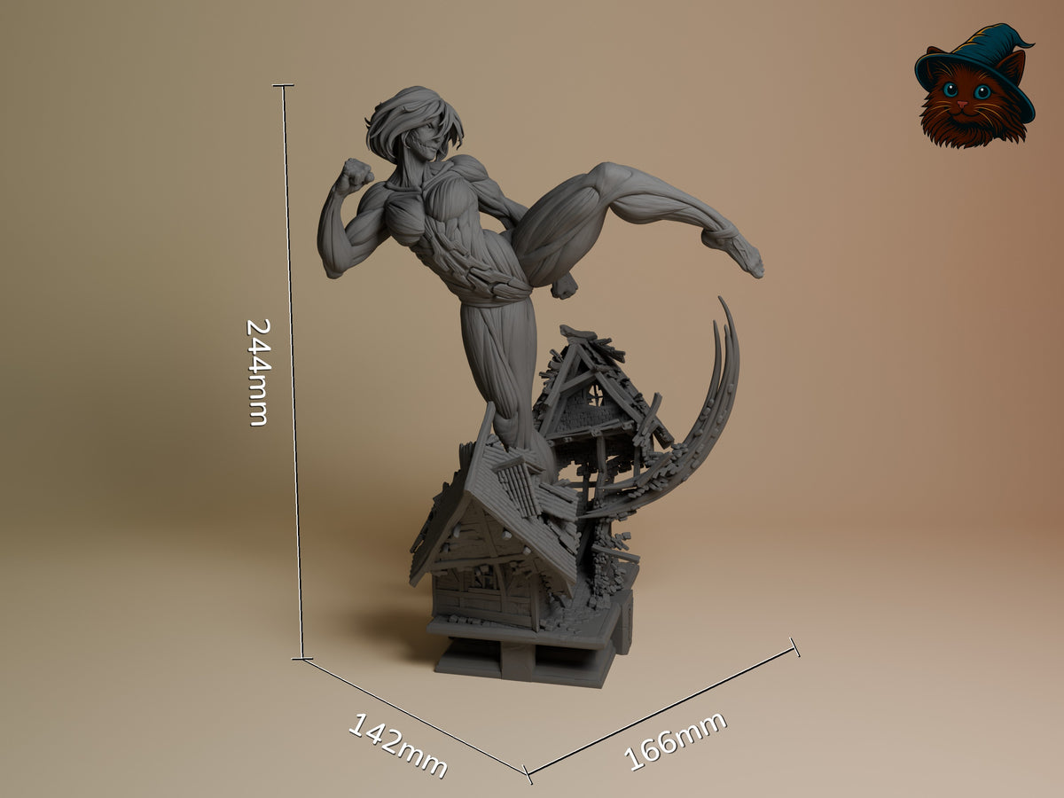 Unpainted resin figure of Female Titan from Attack on Titan poses mid-kick above a house base.