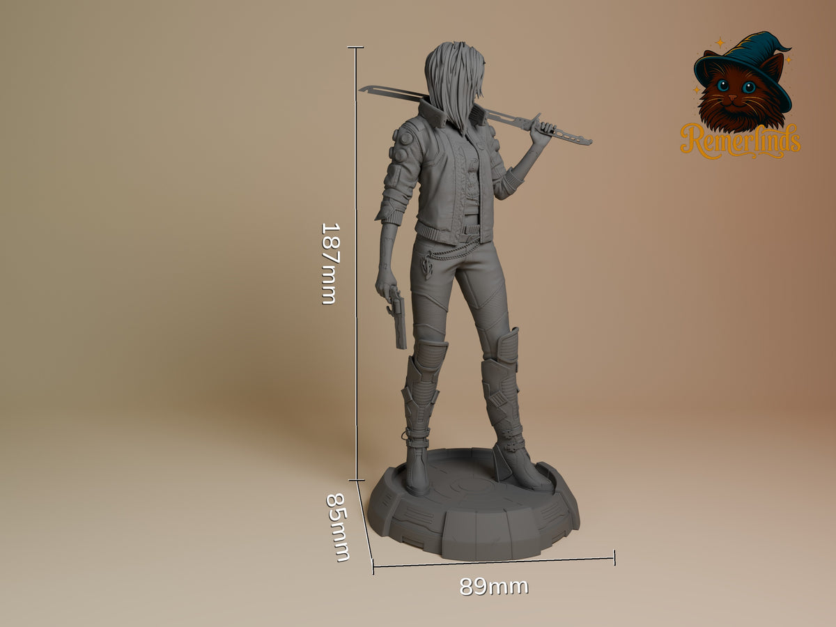 Female V from Cyberpunk 2077 is an unpainted resin figure posed with a sword, pistol, and round sculpted base, standing 187?