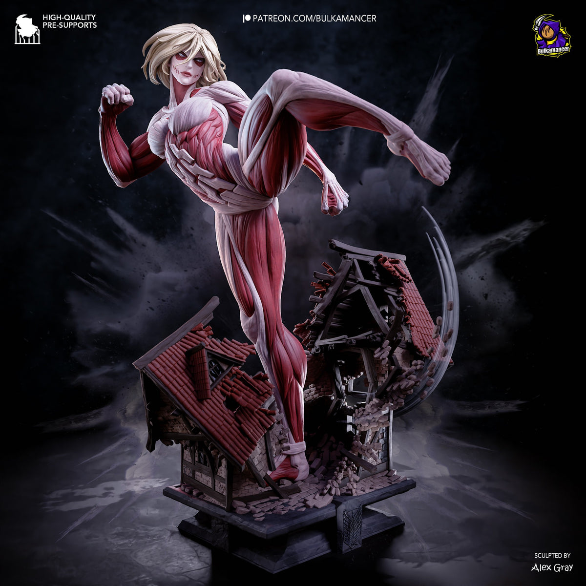 Painted Female Titan resin figure from Attack on Titan runs above a sculpted ruined-building base.