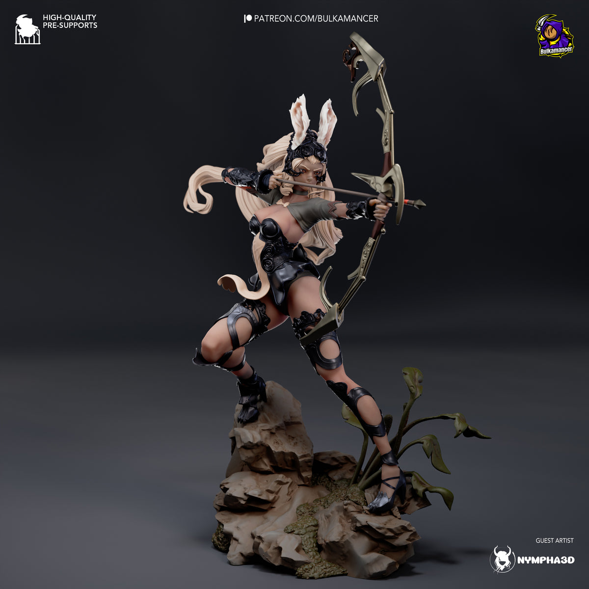 Painted Fran from Final Fantasy is a resin figure shown kneeling with bow drawn on rocky base.