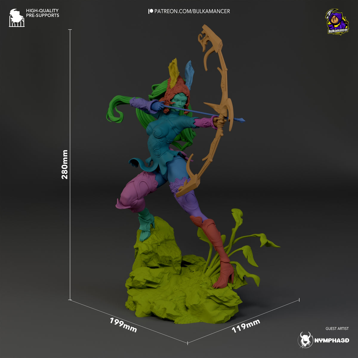 Fran from Final Fantasy resin figure is unpainted, posed with a bow on a sculpted base, 280 mm tall.