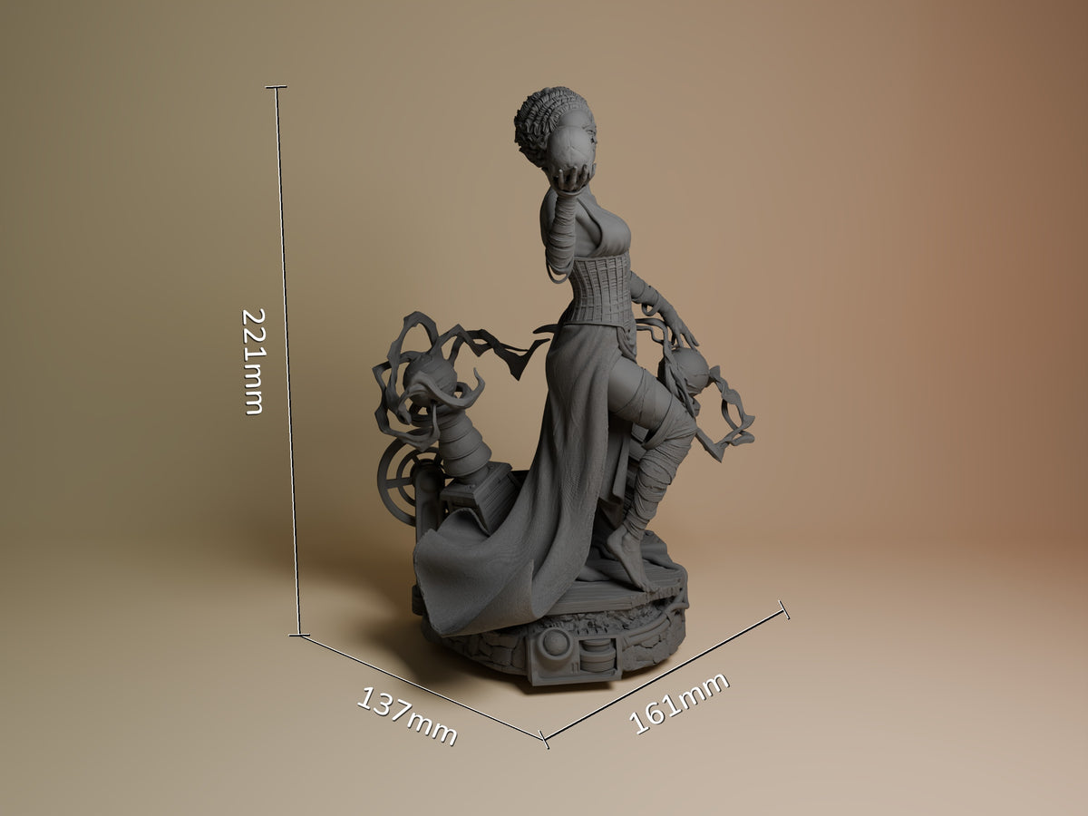 Frankenstein's Bride resin figure shown at scale (22.1 x 13.7 x 16.1cm), displaying side profile with outstretched arms and flowing cape on decorative base.
