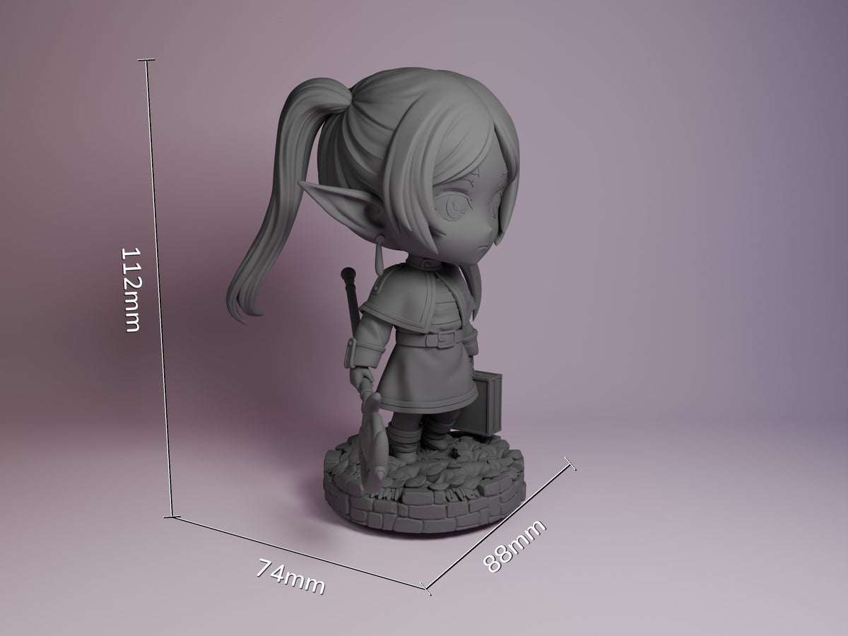 Frieren resin Chibi figure with ponytail, shown at 112mm height from three-quarter view on textured base, unpainted gray prototype.