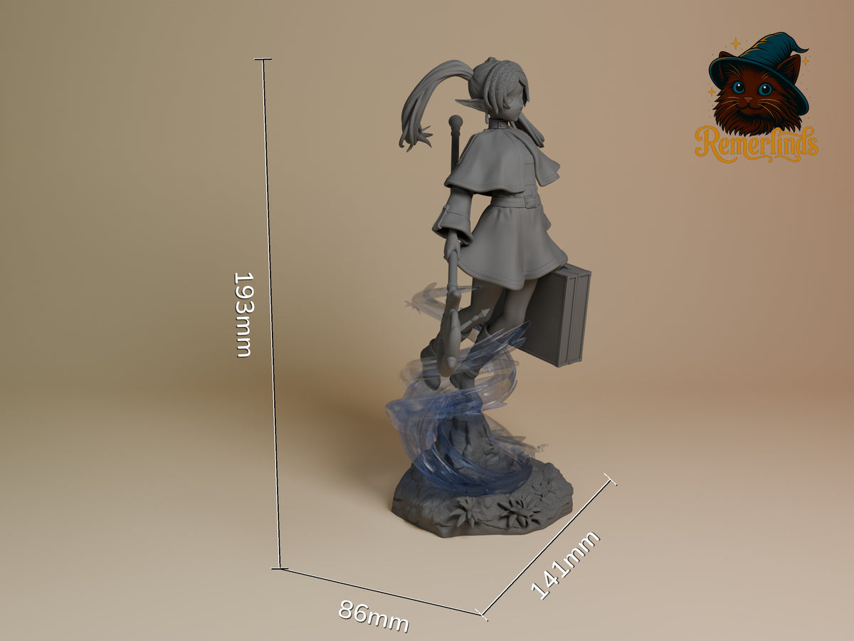 Frieren from Frieren: Beyond Journey's End resin figure shown at an angle, unpainted with staff, suitcase, and sculpted base.