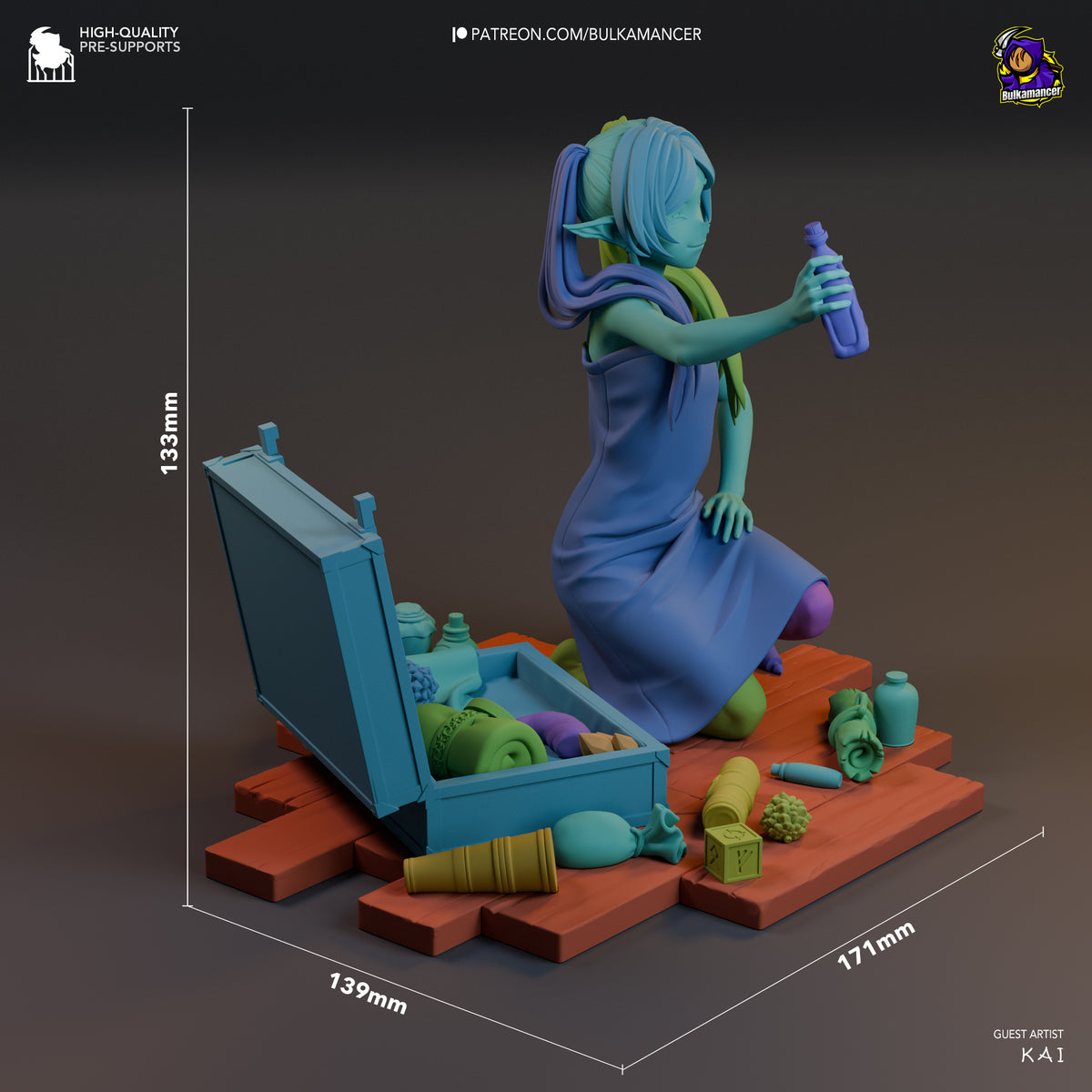 Frieren resin figure shown at 133mm height from side angle, kneeling with bottle, colorful painted base with open chest and scattered items.