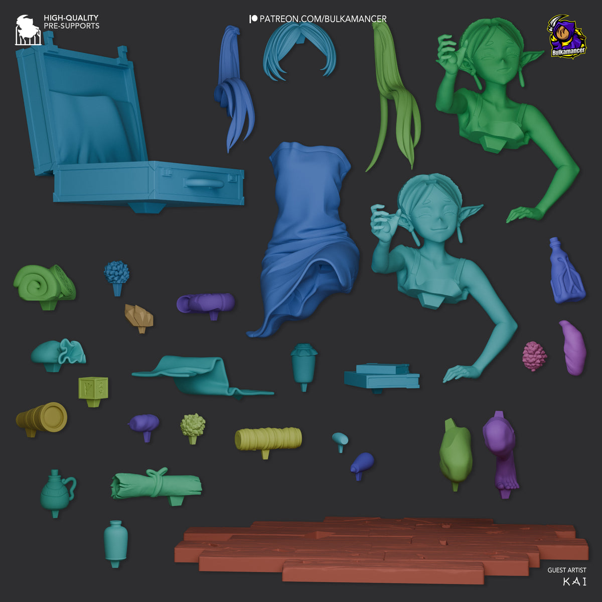 Frieren resin figure parts layout showing unpainted character pieces, hair variants, clothing, accessories, and environmental props in blue, green, and purple tones.