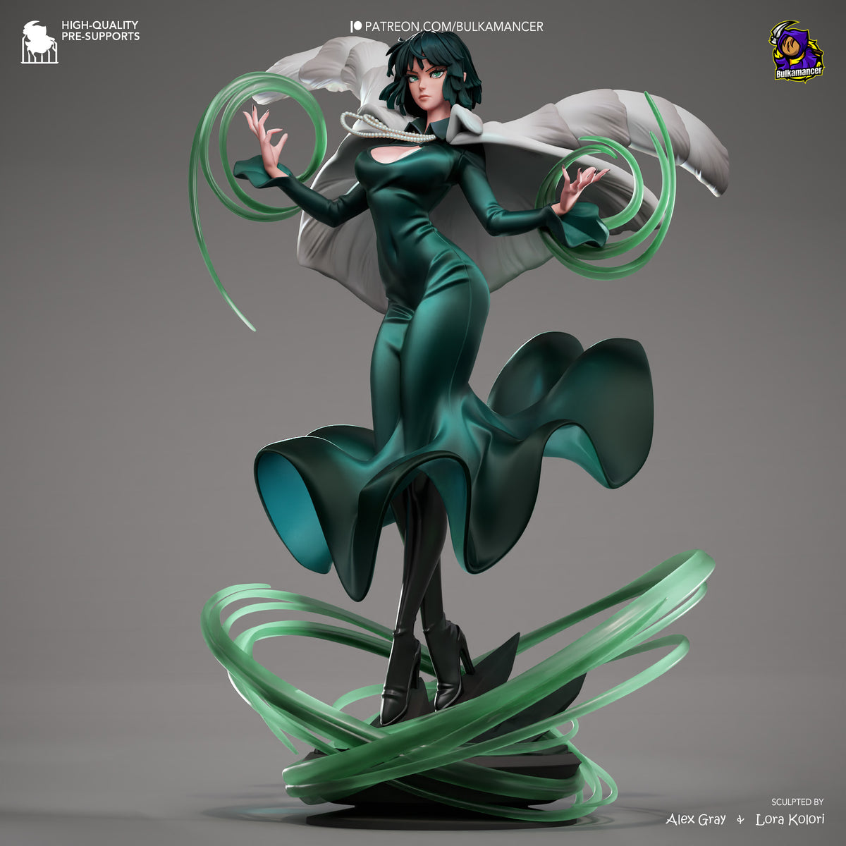 Fubaki from One Punch Man resin figure in dynamic pose with green energy effects, white-winged coat, teal bodysuit, and integrated base.