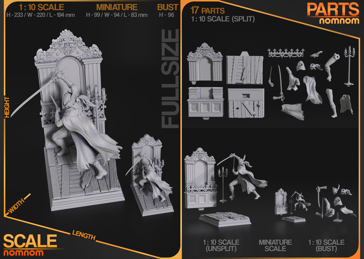 Unpainted Lady Maria from Bloodborne resin figure parts are displayed with weapons and base pieces.