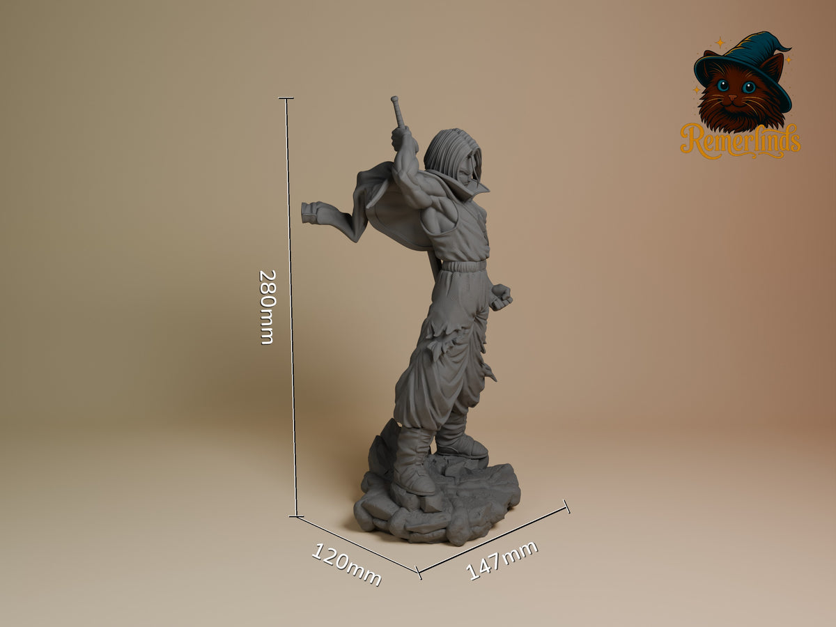 Silver Hero from Dragon Sphere Y resin figure shown unpainted in side pose on a rocky base with scale marks.