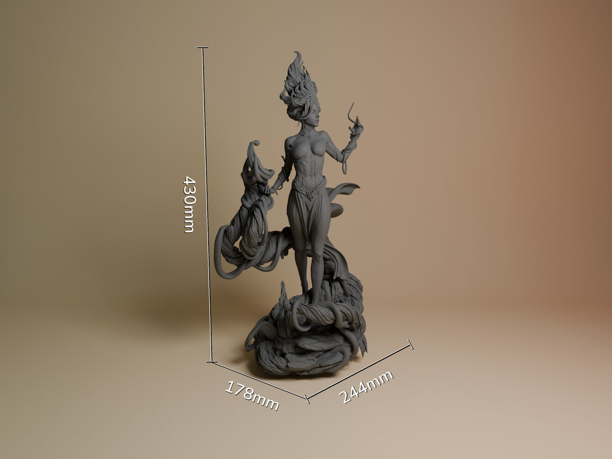 Gaia resin figure shown at scale with dimensions 430mm height, 244mm width, 178mm depth. Unpainted gray resin sculpture displays detailed fantasy character with elaborate headdress, dynamic pose on ornamental base.