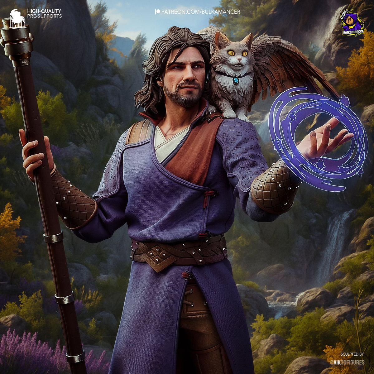 Painted resin figure of Gale from Baldur's Gate faces forward with staff, owl, and magic.