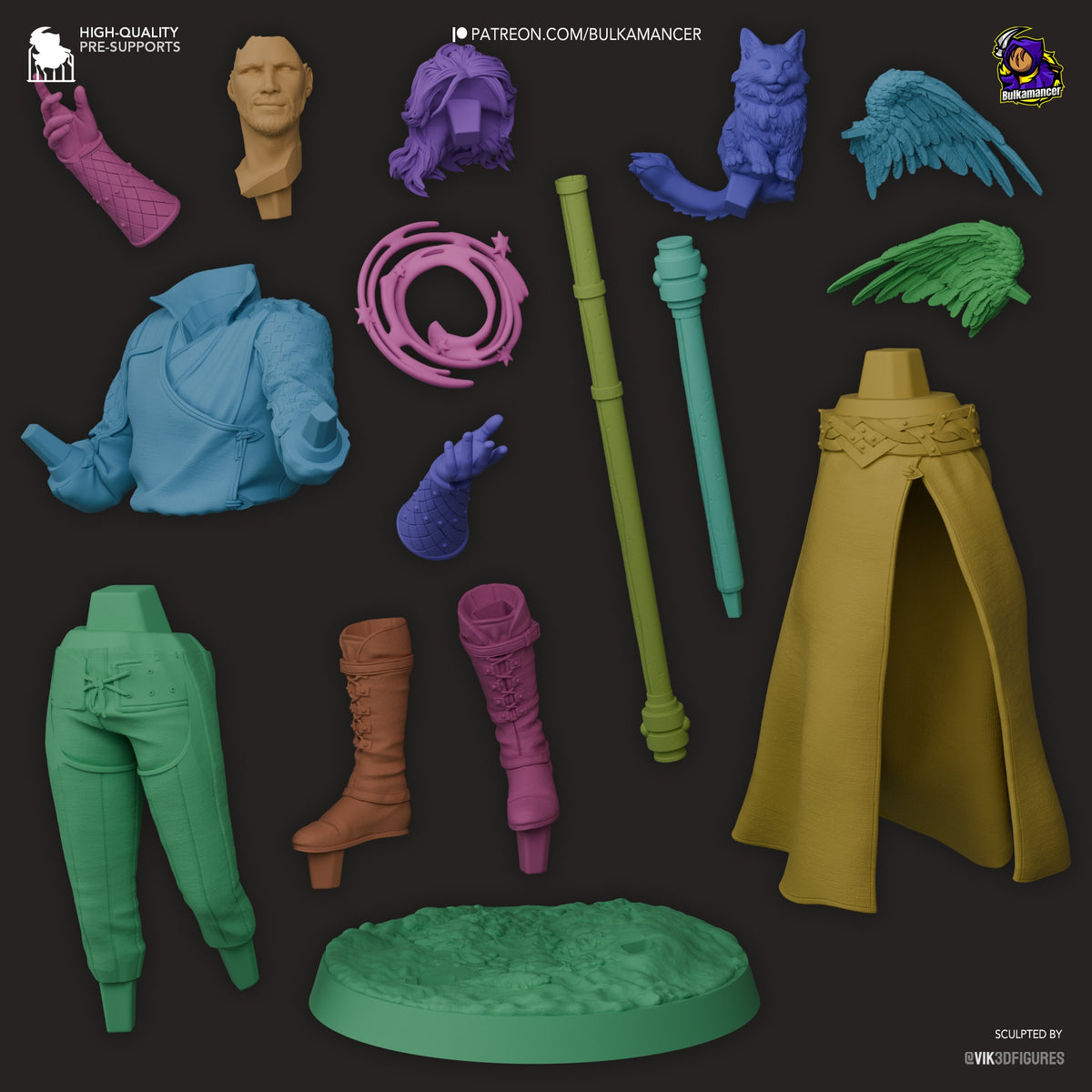 Gale from Baldur's Gate resin figure parts shown unpainted, including clothing, staff, hands, wings, familiar, and base.