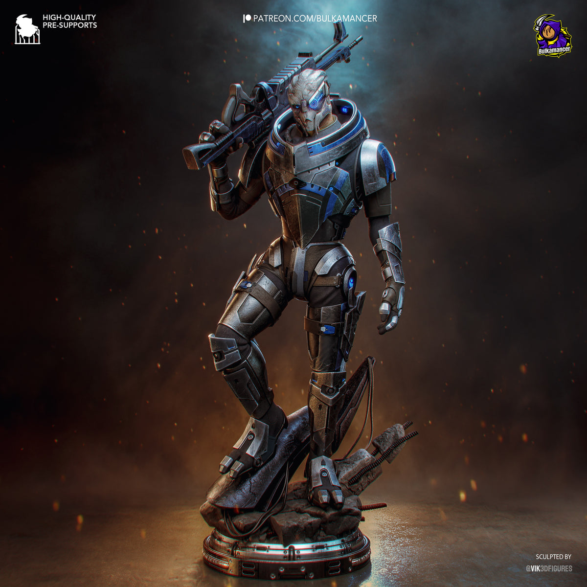 Garrus Vakarian resin figure in dynamic pose holding rifle, blue and bronze armor detail, mounted on illuminated base, sculpted by Vik3D Figures.