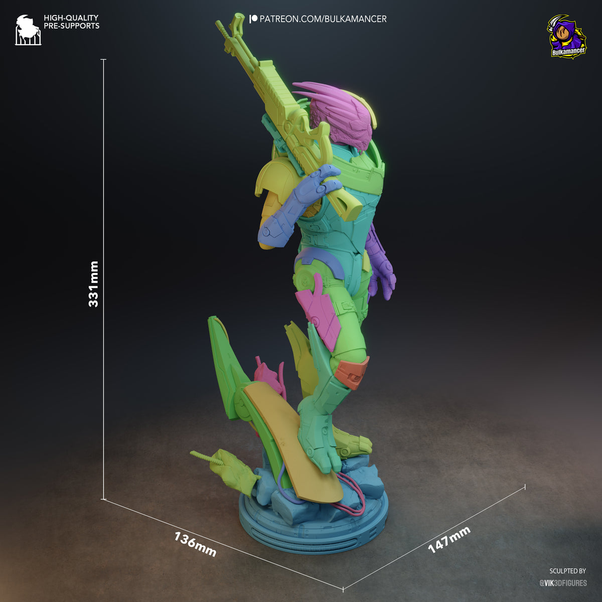Colorful Garrus resin figure from Mass Effect shown at 331mm height with dimensions, posed mid-action on blue base with painted details.