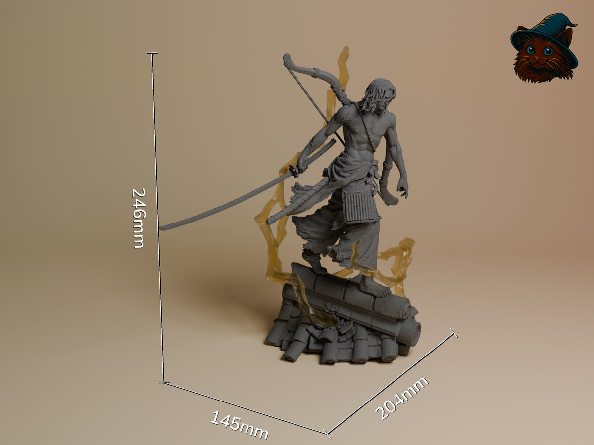 Genichiro Ashina from Sekiro resin figure shown standing with a drawn bow and sword on a sculpted base, measuring 246mm tall.