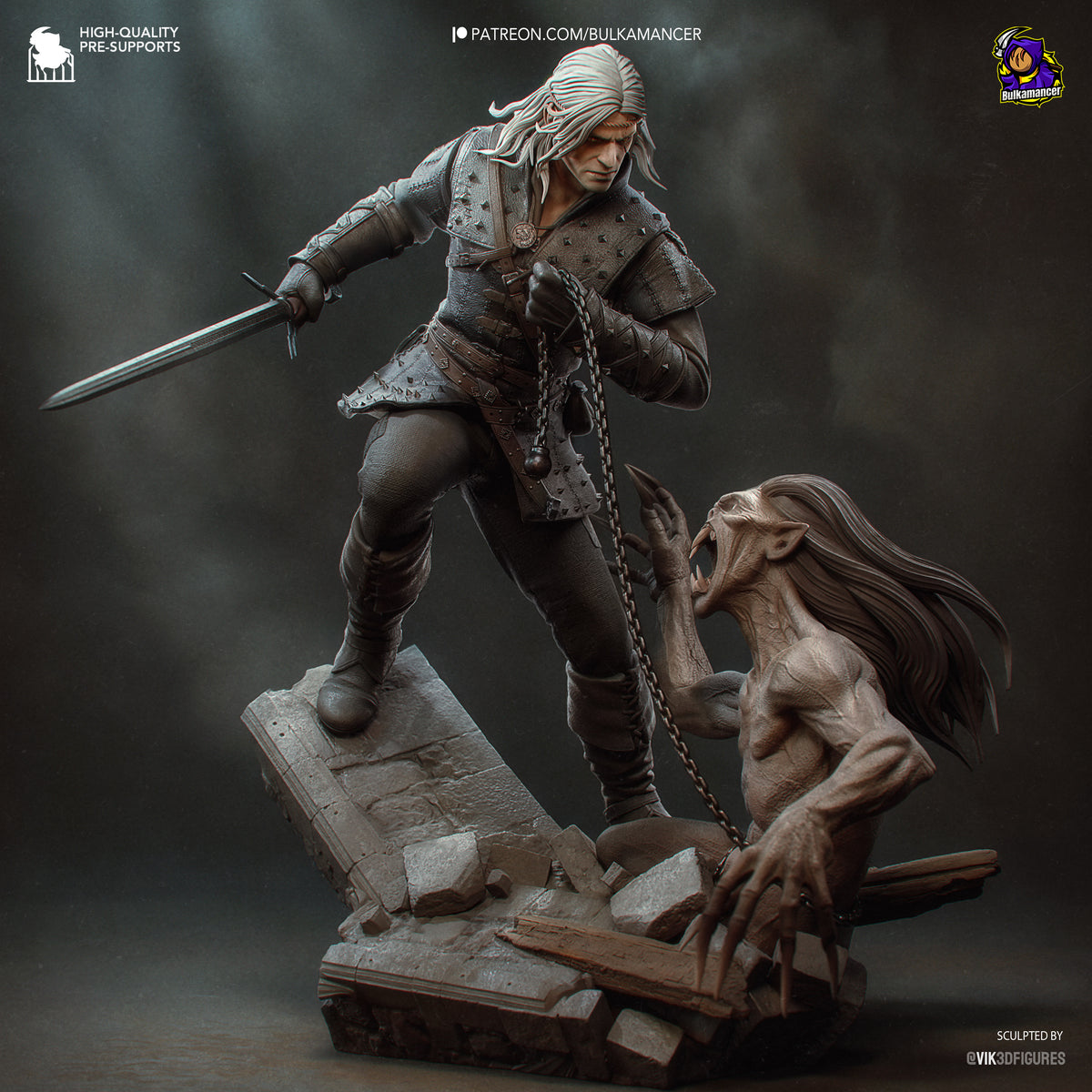 Painted Geralt of Rivia from The Witcher resin figure poses with sword and chain on a sculpted base.