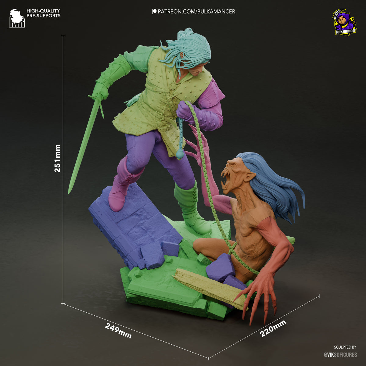 Geralt of Rivia from The Witcher resin figure stands with a sword and monster on an unpainted sculpted base, 251 mm tall.