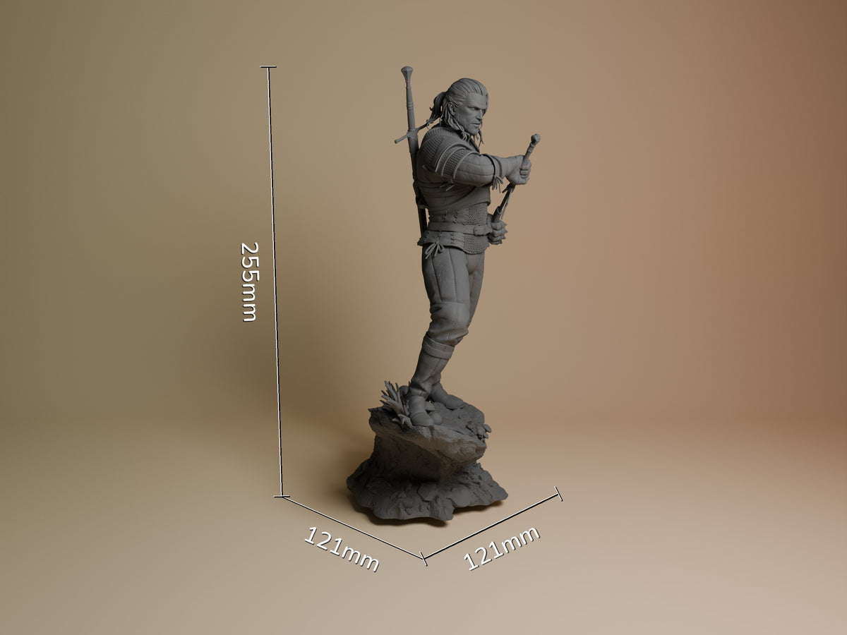 Geralt of Rivia resin figure shown from front-right angle wielding swords, standing on rocky base with scale dimensions of 256mm height and 121mm width.