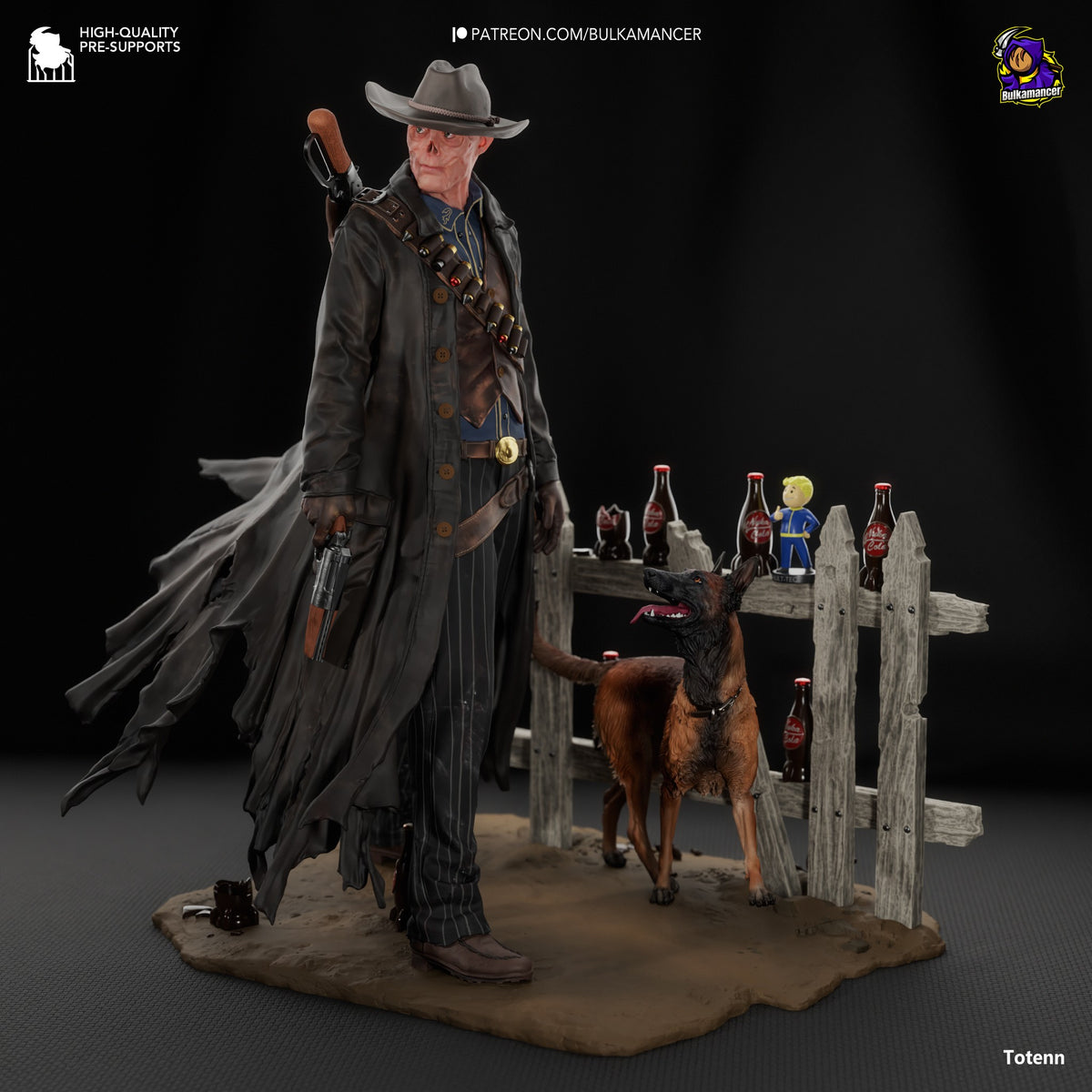 The Ghoul resin figure from Fallout stands in a dynamic pose on a desert base with wooden fence, holding a baseball bat, wearing a long coat and cowboy hat.