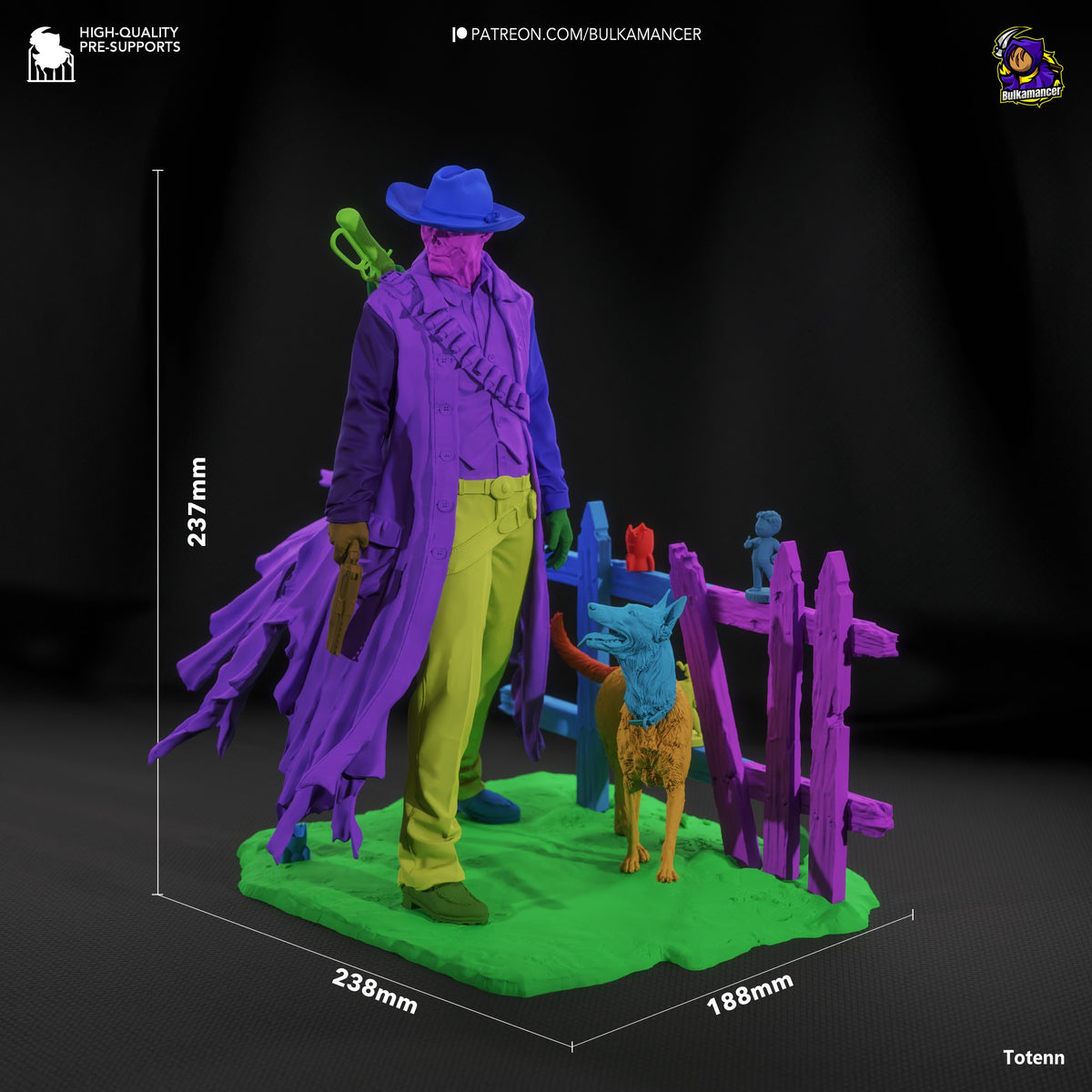 The Ghoul resin figure from Fallout displayed at 237mm height, showing painted purple coat, yellow pants, blue hat, and blue dog companion on green base with purple fence scenery.
