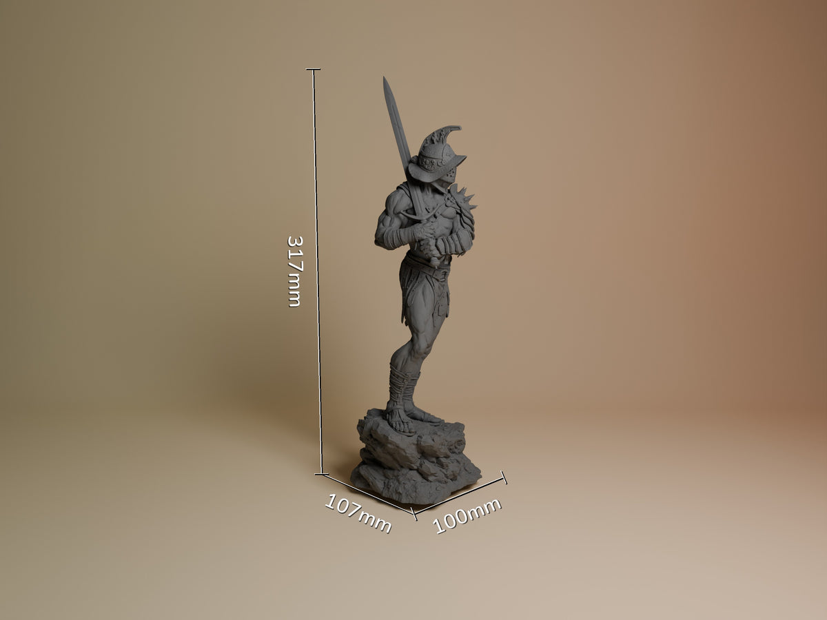 Unpainted gray resin gladiator figure standing on rocky base, holding sword and shield, shown with scale measurements of 317mm height and 100-107mm base dimensions.
