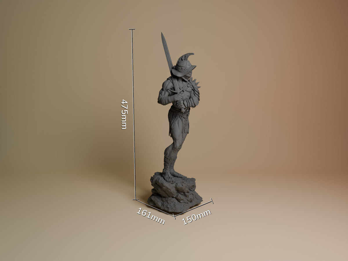 Unpainted gray resin gladiator figure standing on rocky base with sword raised, shown with scale measurements of 475mm height, 161mm and 150mm width.