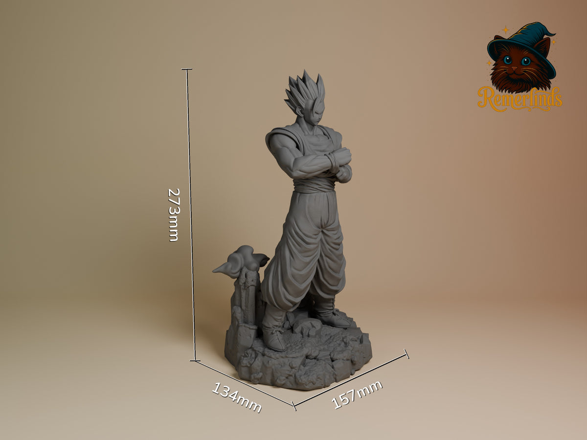 Mystic Scholar Warrior from Dragon Sphere Y is an unpainted resin figure, shown three-quarter with crossed arms on a rocky, .